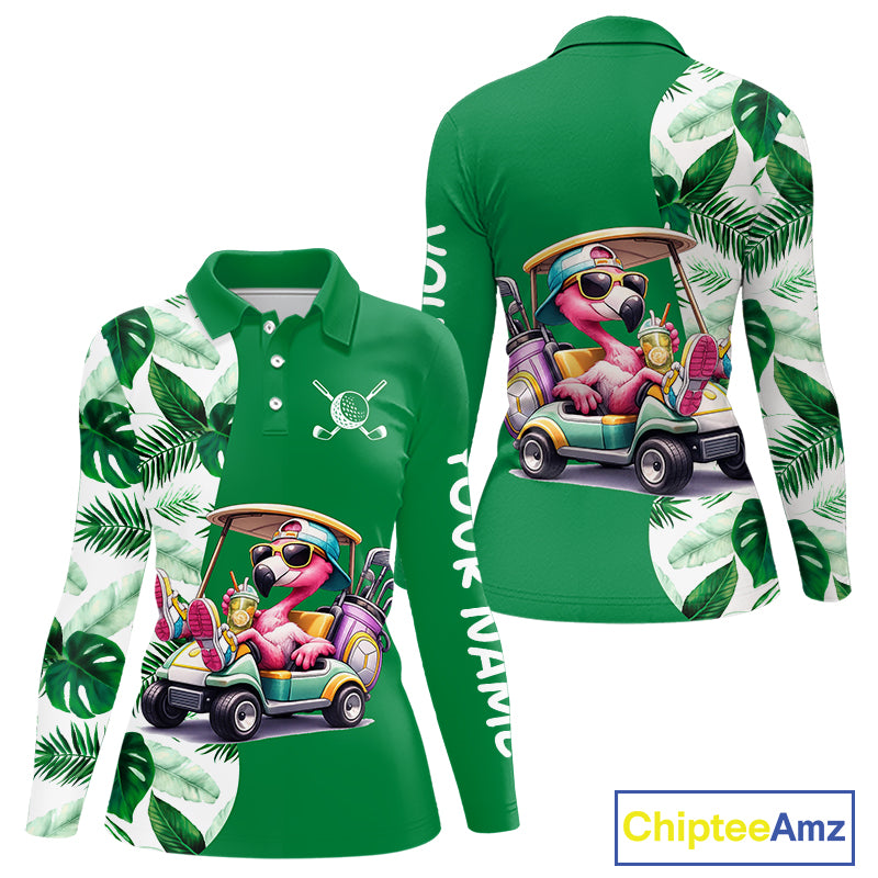 Personalized Tropical Leaf Green Golf Cart Design, Custom Flamingo Funny Womens Golf Polo Shirt  NHT596