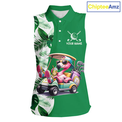 Personalized Tropical Leaf Green Golf Cart Design, Custom Flamingo Funny Womens Sleeveless Golf Polo Shirt  NHT596