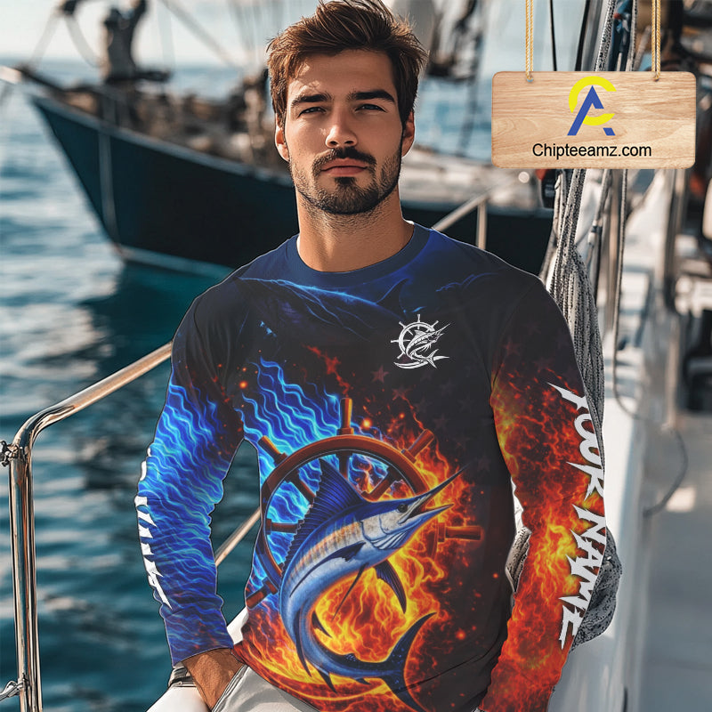 Marlin Fishing Shirt Long Sleeve Blue Fire Flame Smoke Personalized Name, Best Fishing Gift NHT427