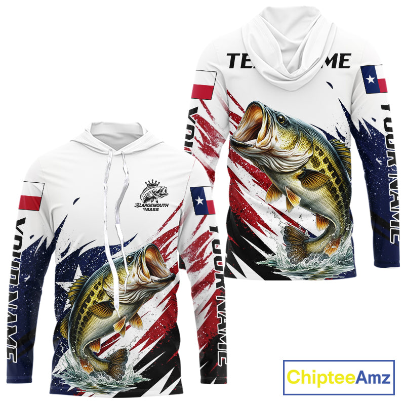 Custom Texas Flag Bass Fishing Shirts, Texas Bass Hooded Fishing Shirts Long Sleeve For Team NHT602