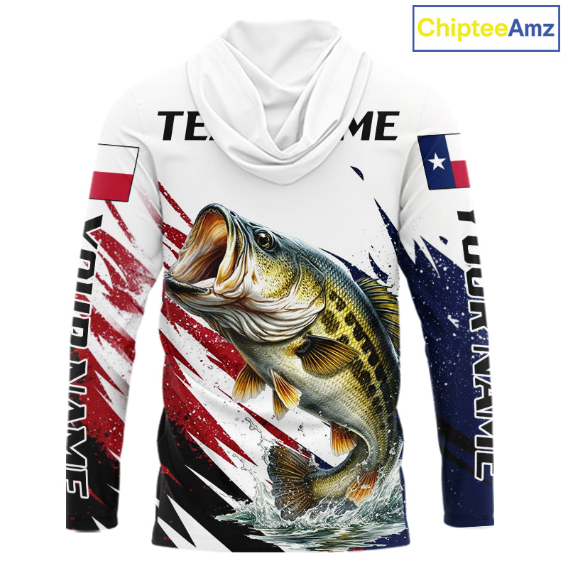 Custom Texas Flag Bass Fishing Shirts, Texas Bass Hooded Fishing Shirts Long Sleeve For Team NHT602