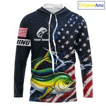 Load image into Gallery viewer, Mahi Mahi Fishing Shirt Long Sleeve Hooded USA Flag Custom Name Jersey