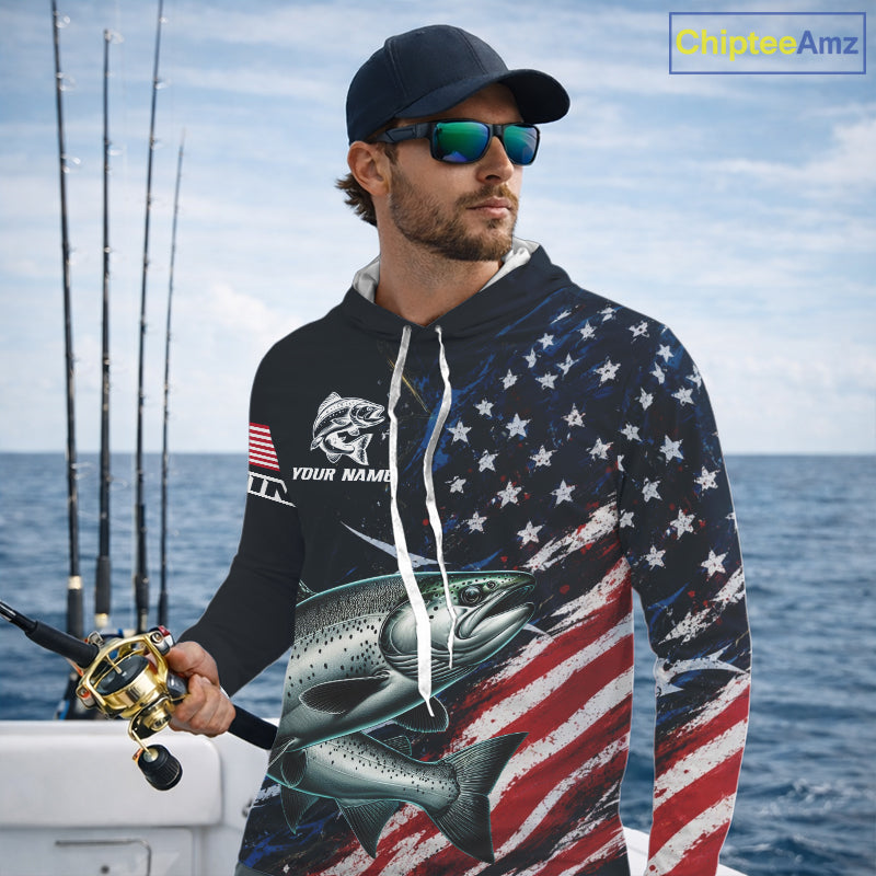 Chinook Salmon Fishing Shirts Long Sleeve Hooded American USA Flag Camo, Fishing Jersey For Men NHT961