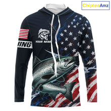 Load image into Gallery viewer, Chinook Salmon Long Sleeve Hooded Fishing Shirt USA Flag Camo, Custom