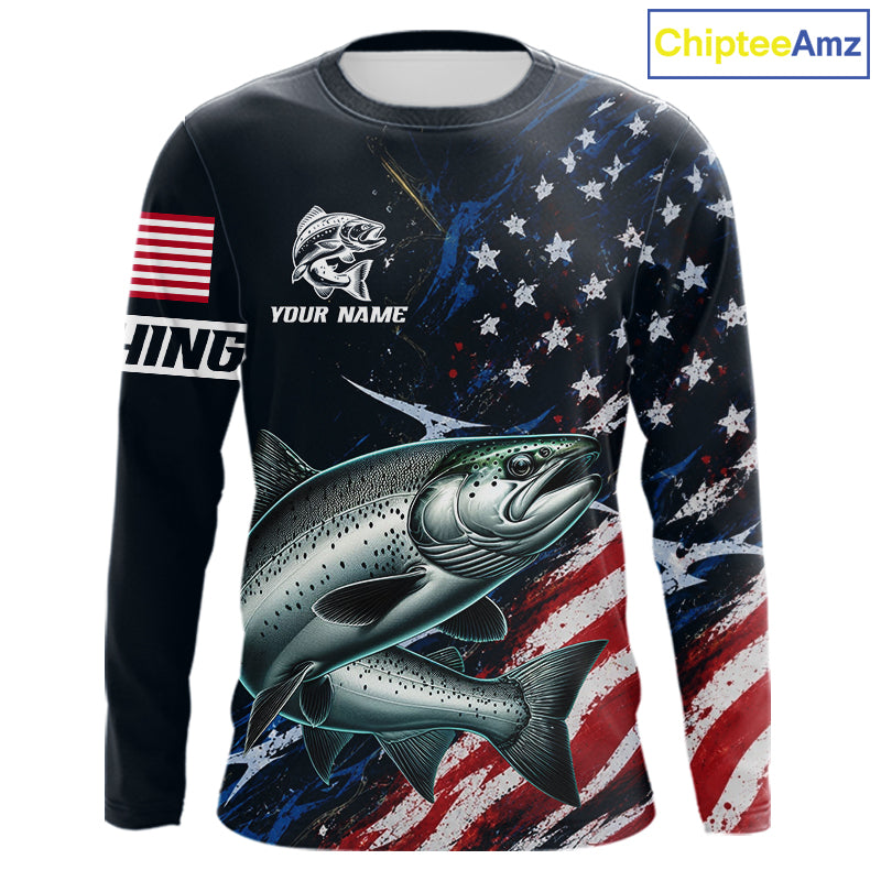 Chinook Salmon Long Sleeve Fishing Shirt USA Flag Camo, Custom