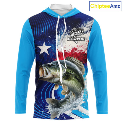 Largemouth Bass Fishing Shirts Long Sleeve Hooded Texas Flag Custom Name Team Name, Fishing Gift NHT608