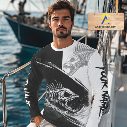 Personalized Fish Skeleton Fishing Shirts Jerseys, Fish Reaper Skull Fishing Shirts For Men NHT824