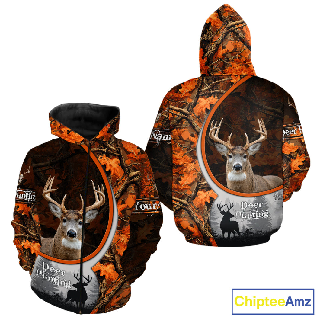 Personalized Deer Hunting 3D All Over Printed Hoodie Orange Autumn Leaves Camo, Hunting Gift NHT322