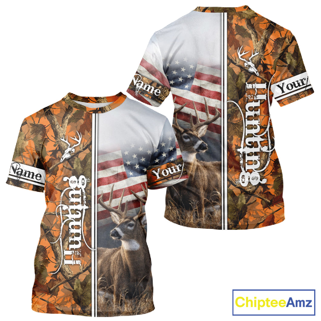 Custom Camouflage Deer Hunting With US Flag For Men, Hoodie Hunting Shirt NHT323