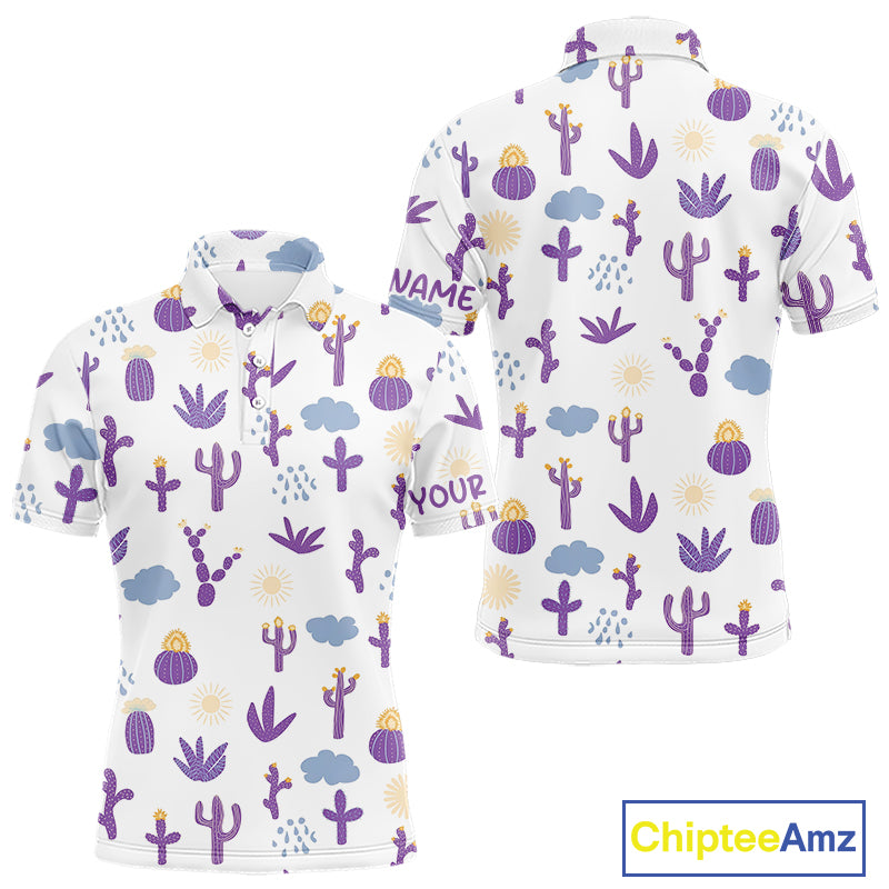 White polo shirt with purple cactus pattern on a white background