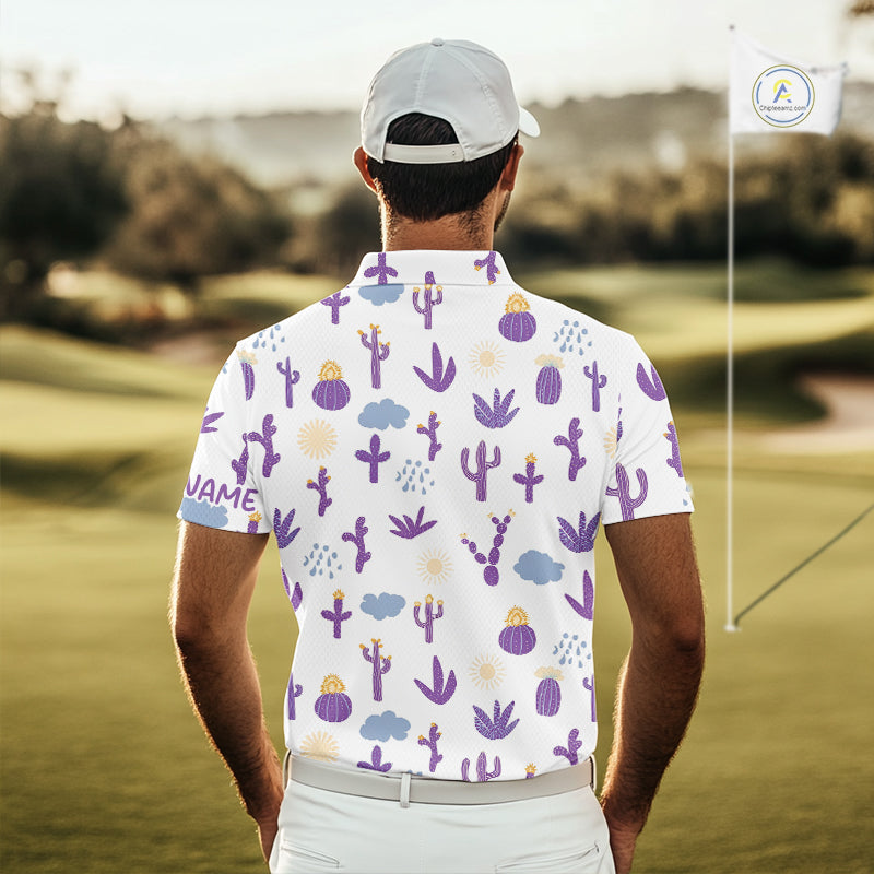 White shirt with purple cactus pattern worn by a person