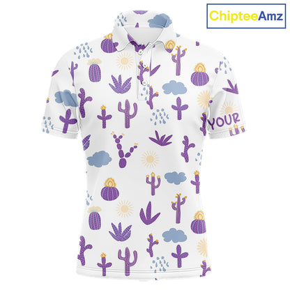 Custom Purple Cactus Mens Golf Polo Shirt - Personalized Desert Pattern Performance Golf Jersey NHT980 - Men's Long Sleeve...