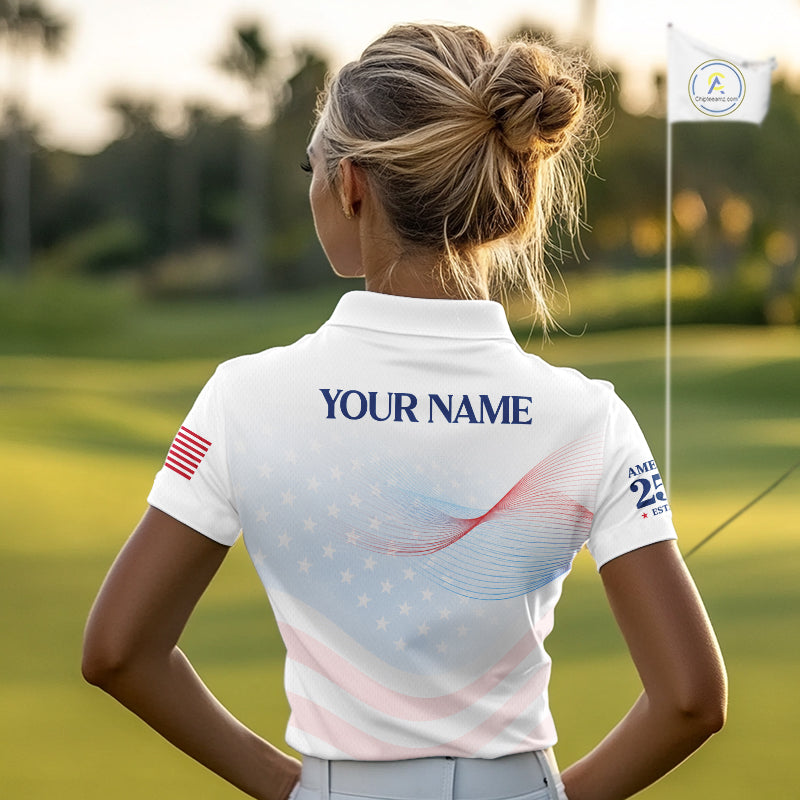 Personalized American Flag Shirt Custom Name Patriotic USA Stars Women's Polo Golf Shirt NHT983