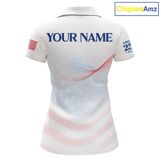 Personalized America 250 Years Shirt Custom Name Patriotic USA Stars Women's Polo Golf Shirt NHT983 - Women's Short Sleeve...