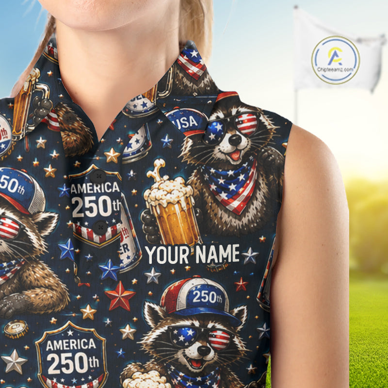 Personalized Patriotic Raccoon Shirt Custom Name USA 250 Years Women's Sleeveless Polo Funny Beer & Golf Lover Gift