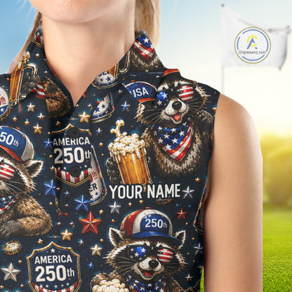 Personalized Patriotic Raccoon Shirt Custom Name USA 250 Years Women's Sleeveless Polo Funny Beer & Golf Lover Gift