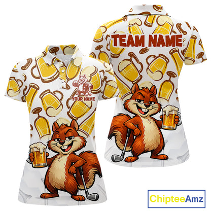Custom Funny Squirrel Women's Golf Polo Shirts - Personalized Beer Lover Performance Jersey