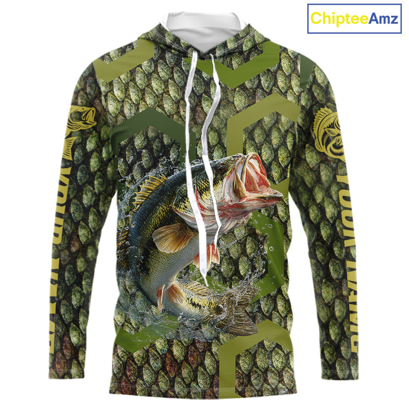 Custom Largemouth Bass Fishing Shirts Long Sleeve Hooded, Largemouth Bass Fishing Jerseys NHT378