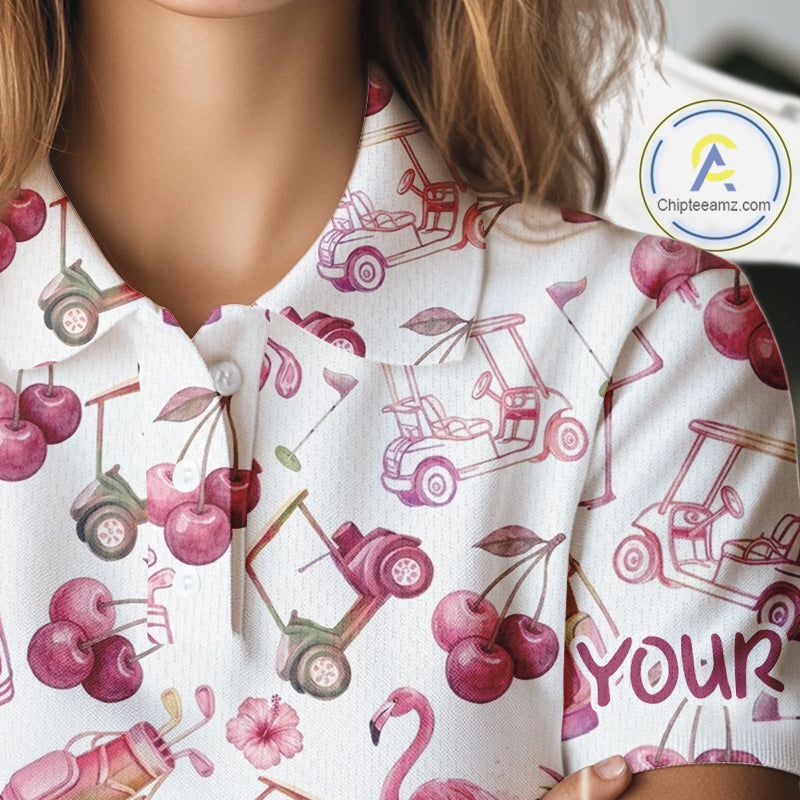 Funny Golf Polo Shirt For Womens Cherry Flamingo Golf Cart Pattern Summer Sport Top NHT841