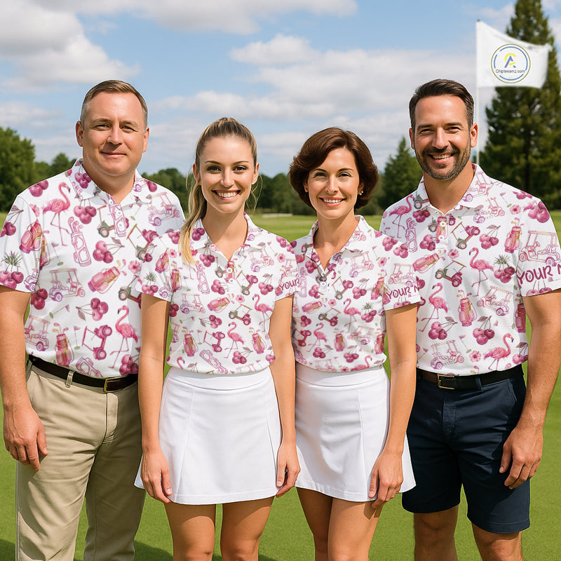 Funny Golf Polo Shirt For Womens Cherry Flamingo Golf Cart Pattern Summer Sport Top NHT841