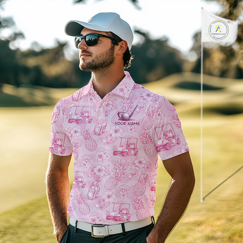 Funny Mens Golf Polo Shirt Pineapple Floral Golf Cart Pattern All Over Print Tropical Performance Top NHT842