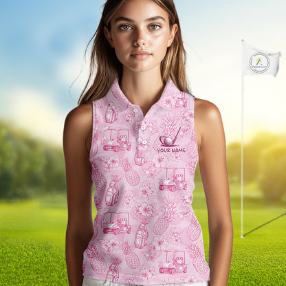 Funny Sleeveless Womens Golf Polo Shirt Pineapple Floral Golf Cart Pattern All Over Print Tropical Performance Top NHT842