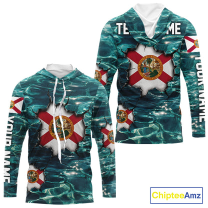Florida Flag Fish Water Camo Custom Long Sleeve Hooded Fishing Shirts, Performance Fishing Shirts For Men NHT847