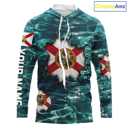 Florida Flag Fish Water Camo Custom Long Sleeve Hooded Fishing Shirts, Performance Fishing Shirts For Men NHT847