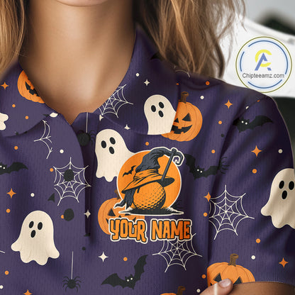 A close-up of a person wearing a purple Halloween-themed collared shirt with a printed pattern of ghosts, pumpkins, bats, and spiderwebs, featuring a customizable orange circle with the text 'YOUR NAME'.