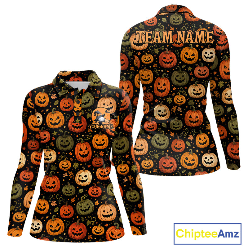 Front and back views of a long-sleeve collared shirt with an all-over Halloween pumpkin print on a black background. The front shows a small chest graphic with a ghost and the text 'YOURNAME', while the back has a large 'TEAM NAME' printed across the shoulders.