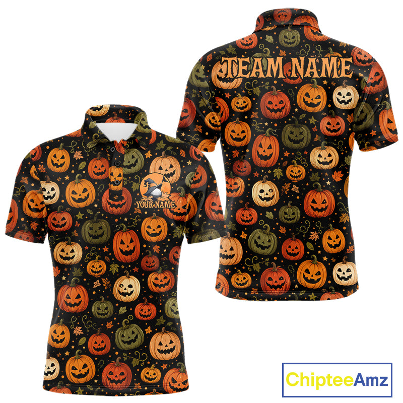 Front and back views of a short-sleeve polo shirt featuring an all-over Halloween pumpkin print on a black background. The shirt includes customizable text placeholders reading 'TEAM NAME' on the back and 'YOUR NAME' on the front chest