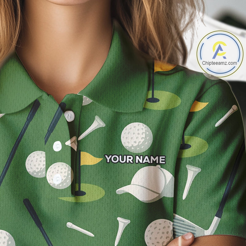 Green Golf Pattern Polo Golf Shirt For Womens Custom Golf Clothes, Best Golf Gifts NHT621