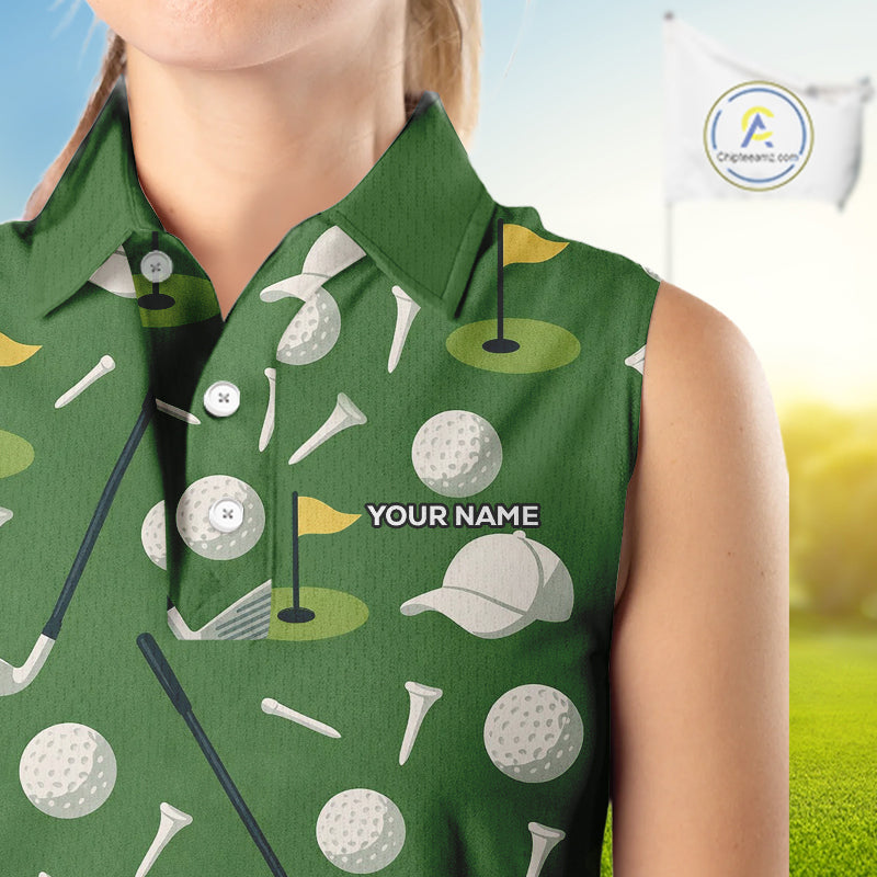 Green Golf Pattern Sleeveless Polo Golf Shirt For Womens Custom Golf Clothes, Best Golf Gifts NHT621