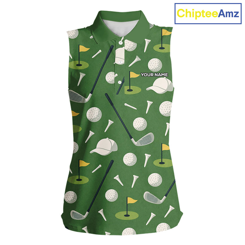 Green Golf Pattern Sleeveless Polo Golf Shirt For Womens Custom Golf Clothes, Best Golf Gifts NHT621