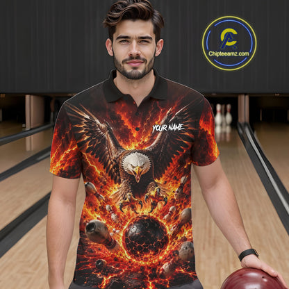 Man wearing a fiery eagle design polo shirt in a bowling alley.