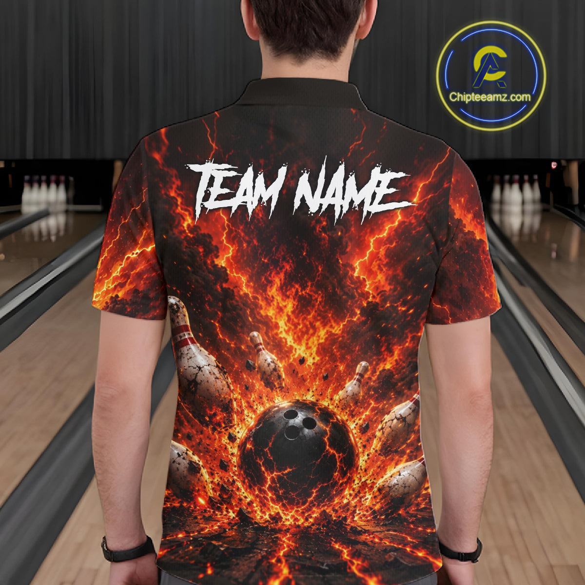 Person wearing a fiery bowling shirt with 'TEAM NAME' on a bowling alley background