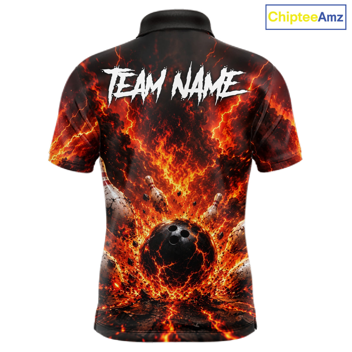 Bowling shirt with fiery design and 'Team Name' text on a white background