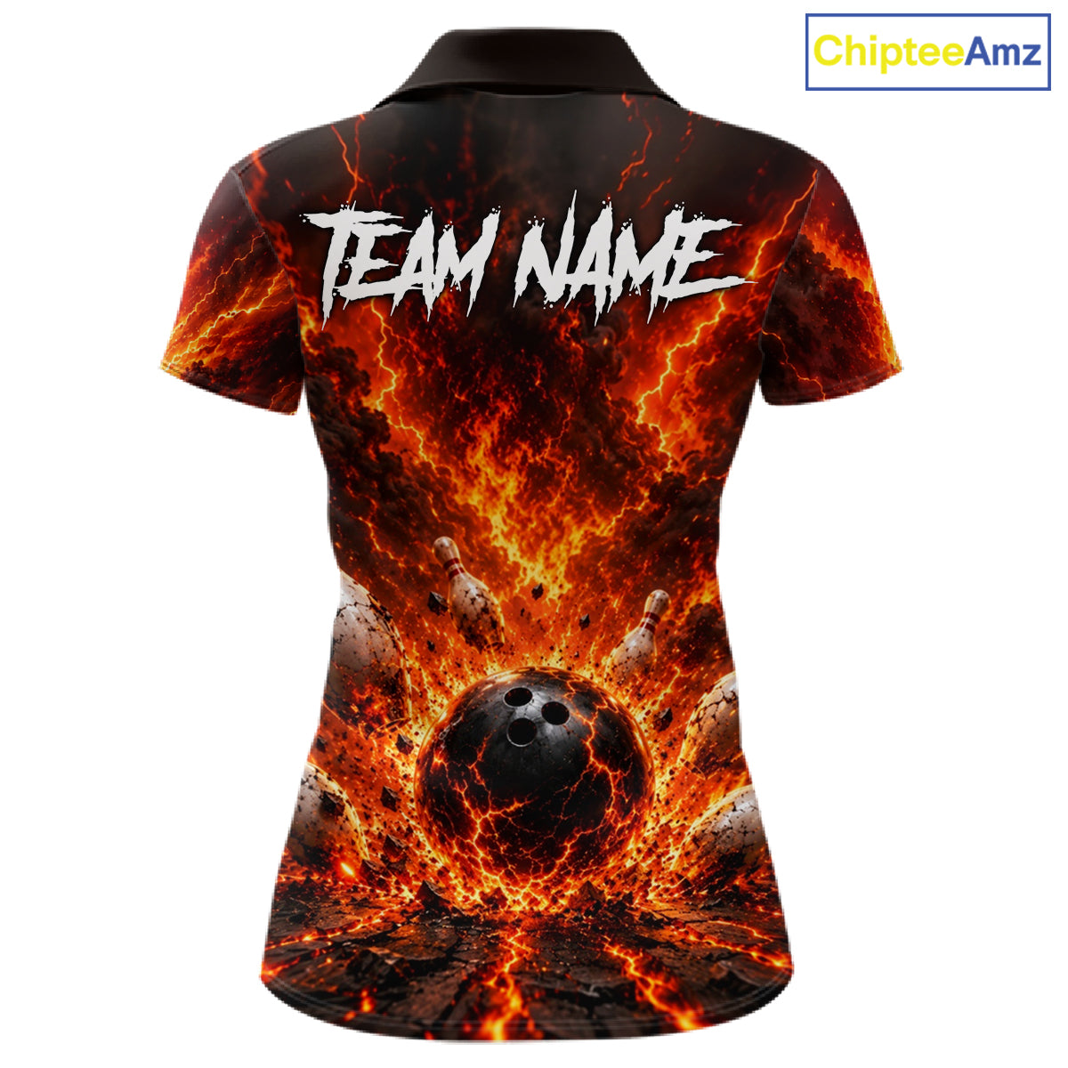Polo shirt with fiery design and 'Team Name' text, brand 'ChipteeAmz' visible