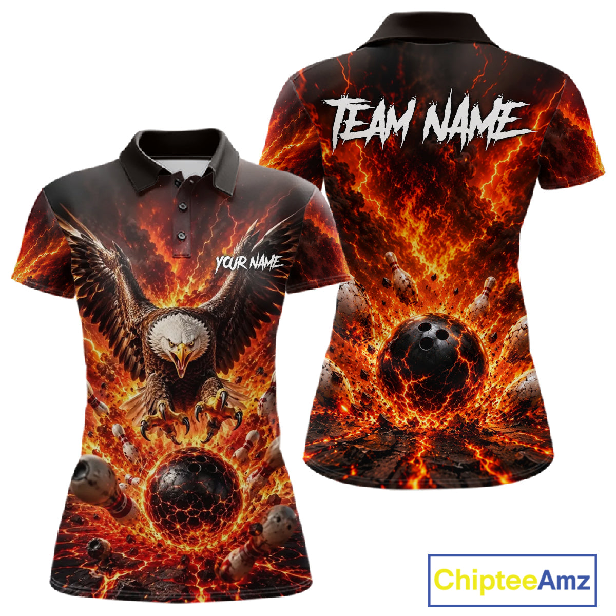 Two polo shirts with Eagle design and 'Team Name' text, featuring an eagle and bowling ball.