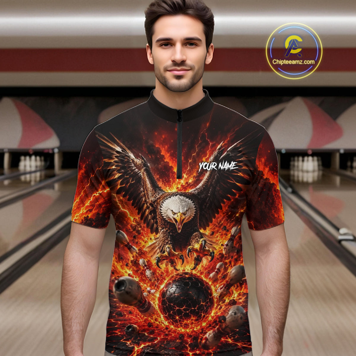 Man wearing a shirt with an eagle design in a bowling alley