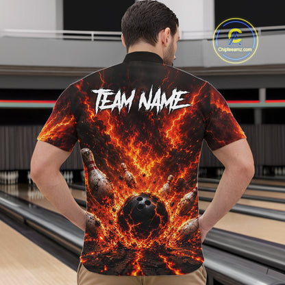 Man wearing a bowling-themed shirt with fiery design and 'TEAM NAME' text in a bowling alley.