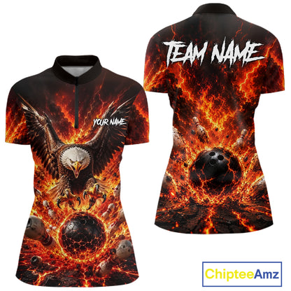 Two polo shirts with fiery design and 'Team Name' text, featuring an eagle and bowling ball.