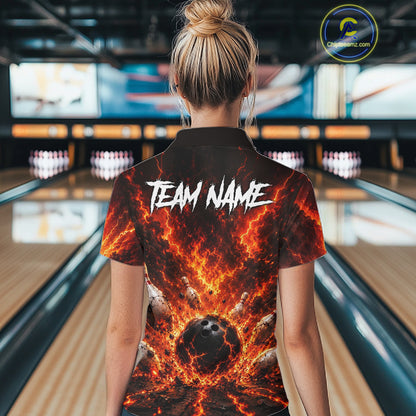 Person wearing a bowling shirt with 'Team Name' text in a bowling alley.