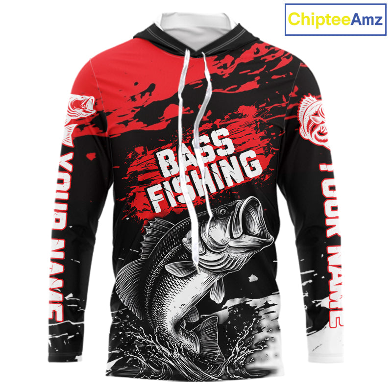 Custom Bass Fishing Jersey, Black And Red Bass Long Sleeve With Hood Tournament Fishing Shirts NHT492