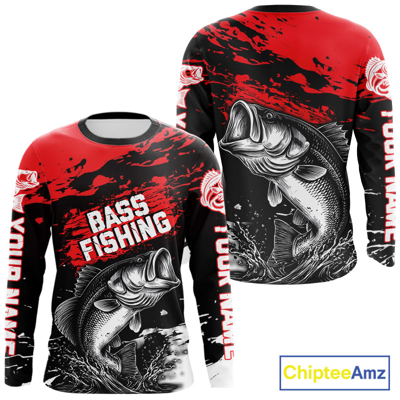 Custom Bass Fishing Jersey, Black And Red Bass Long Sleeve Tournament Fishing Shirts NHT492