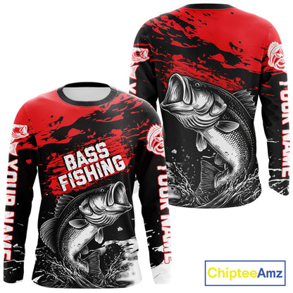 Custom Bass Fishing Jersey, Black And Red Bass Long Sleeve Tournament Fishing Shirts NHT492