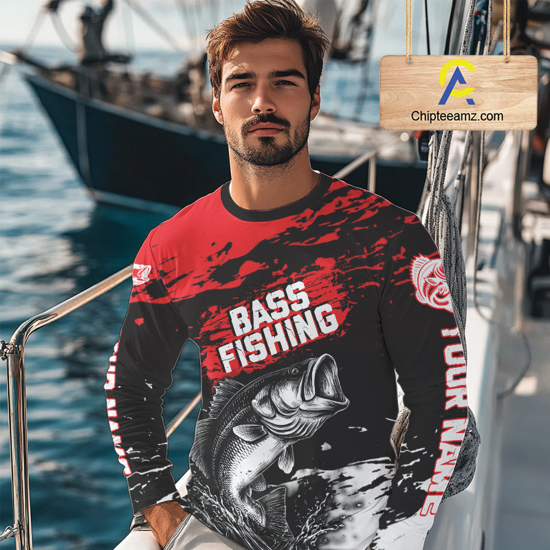 Custom Bass Fishing Jersey, Black And Red Bass Long Sleeve Tournament Fishing Shirts NHT492