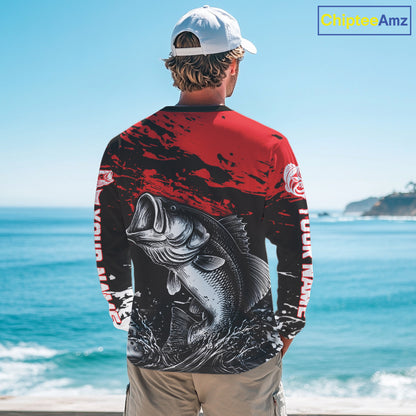 Custom Bass Fishing Jersey, Black And Red Bass Long Sleeve Tournament Fishing Shirts NHT492