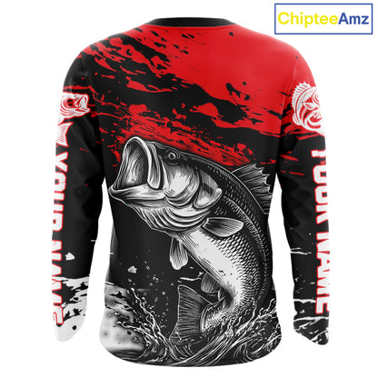 Custom Bass Fishing Jersey, Black And Red Bass Long Sleeve Tournament Fishing Shirts NHT492