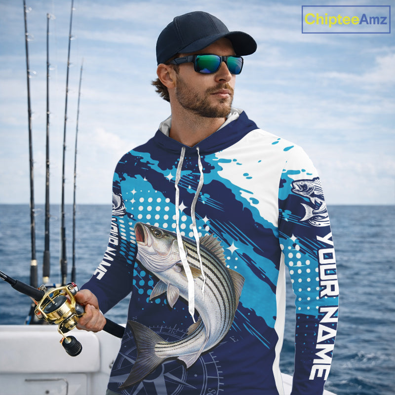 Custom Striped Bass Long Sleeve Hooded Fishing Shirts For Men, Design Striped Bass Fishing Jerseys NHT635